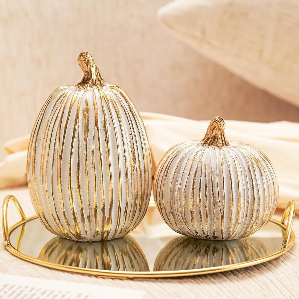 White and Gold Fall Pumpkin Decorations Thanksgiving Table Centerpieces, 2 Pcs A